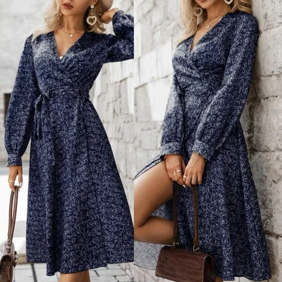 Boho green floral print wide knot wrap dress - Picture 4 of 8